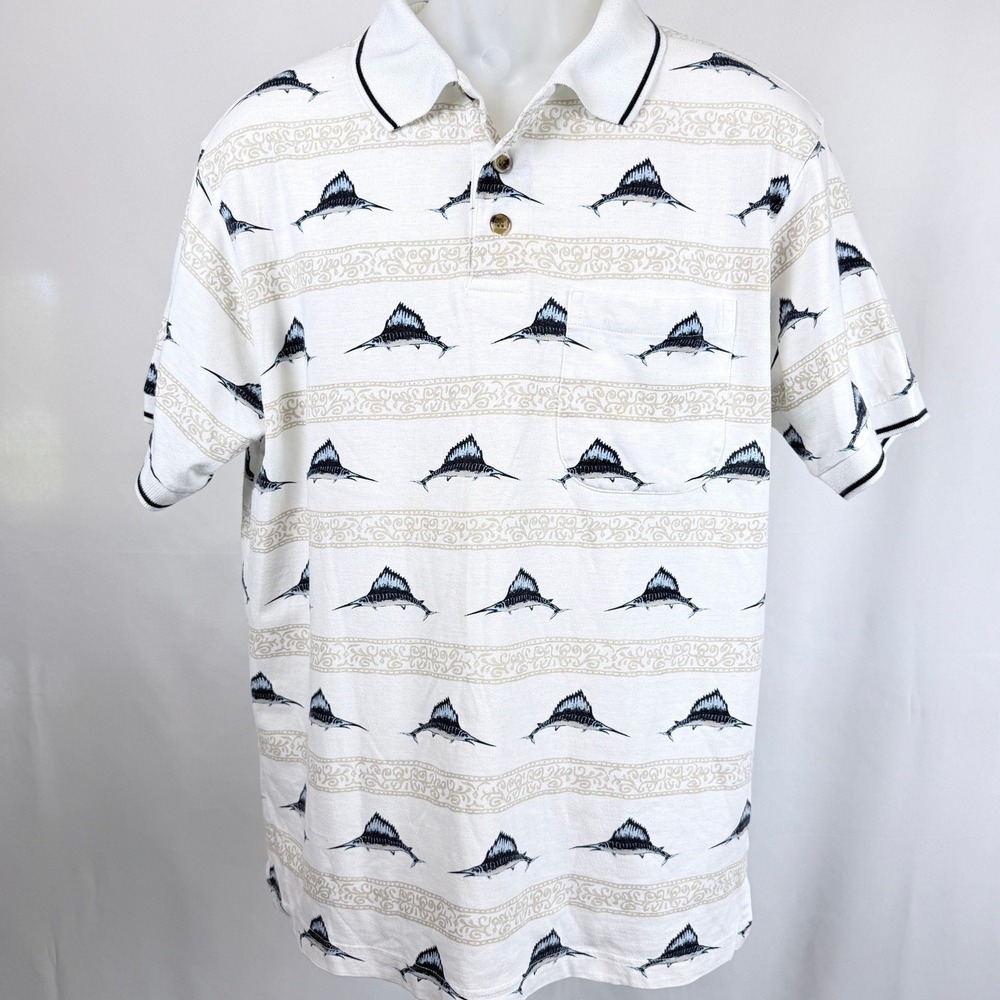 Sailfish Polo Shirt Mens M Fishing Marlin‎ Nautical Coastal Resort Island Blue